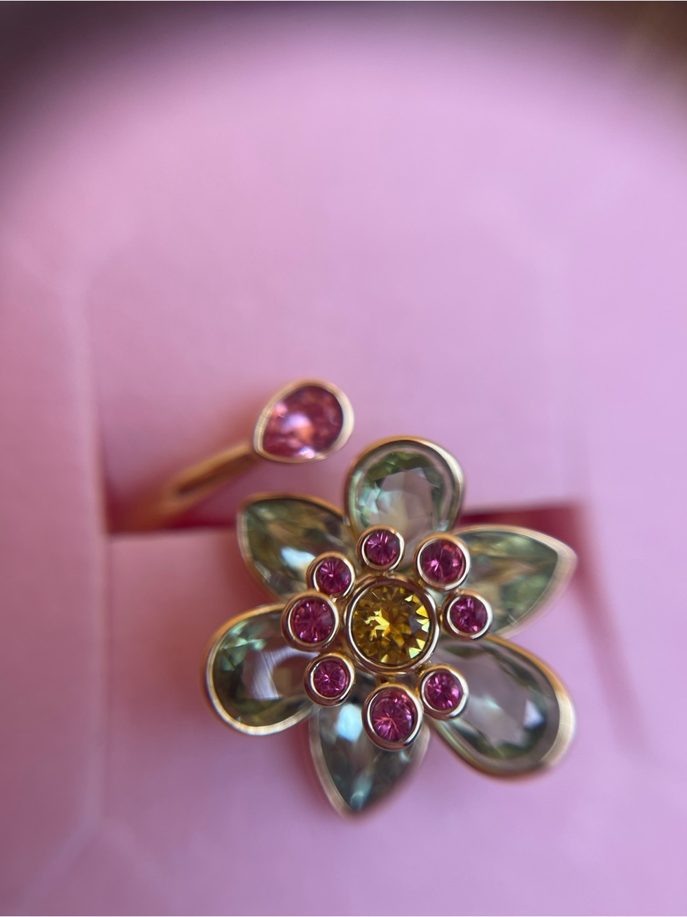 Swarovski Gold Tone Crystal Flower Wrap Ring Pink Green w/ Original Box - Picture 5 of 11